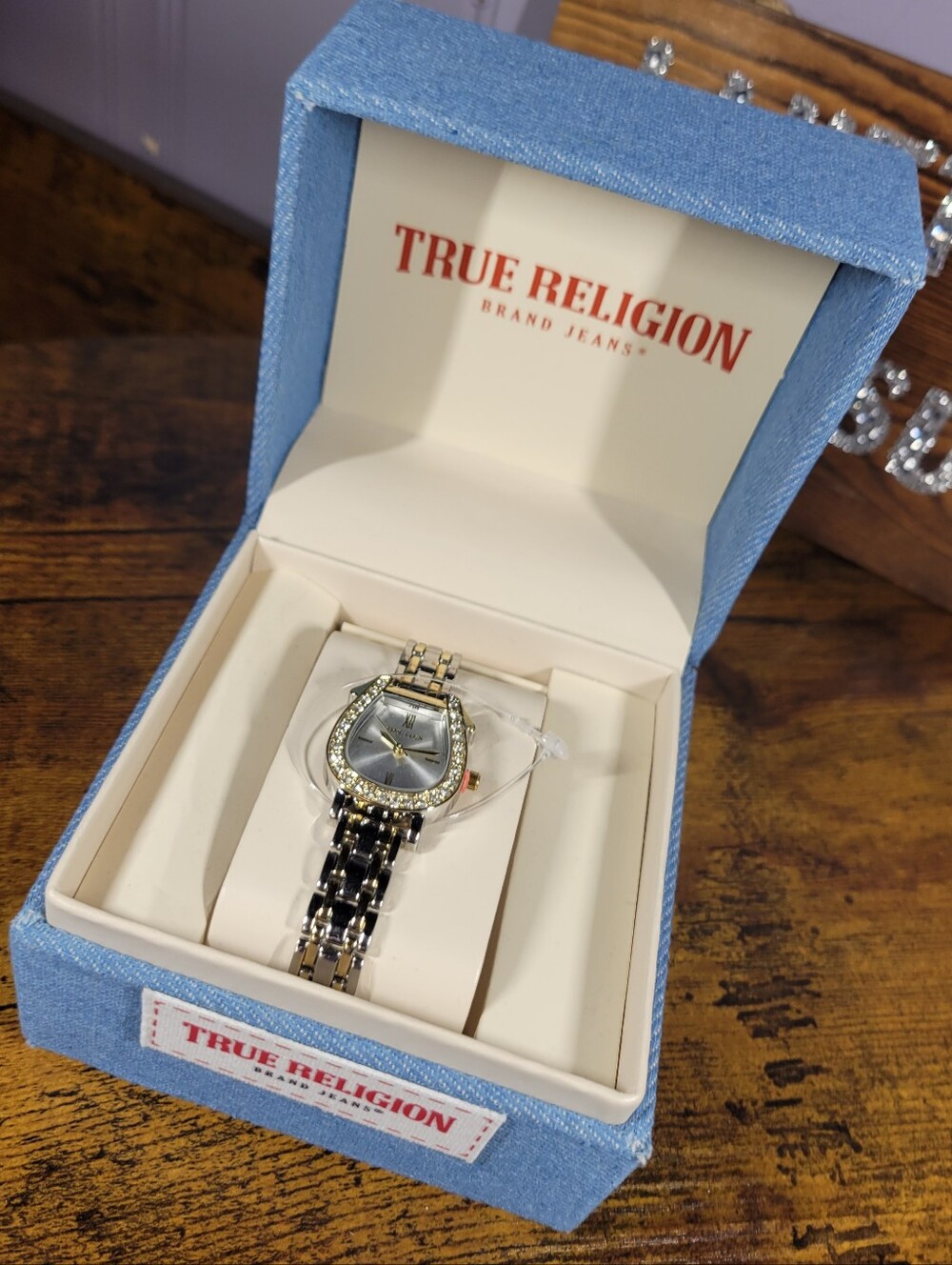 True Religion Two-Tone Silver and Gold Crystal Bracelet Watch